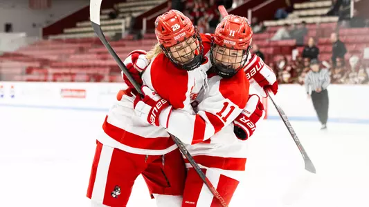 Kaileigh Quigg and Sydney Healey celebrate goal vs Boston College