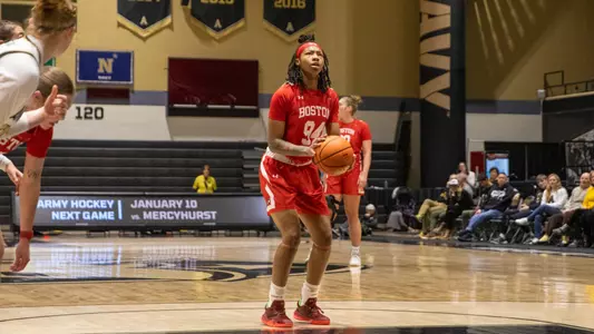 Photo of women's basketball sophomore Sierra Bentley shooting a free throw at Army West Point.