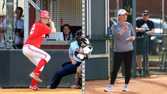 April Setterlund is on the left side of the graphic batting while Ashley Waters is on the right side coaching the Terriers from third base