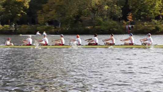 Photo of the BU Men's Rowing Championship 8 "B" crew competing at the Head of the Charles.