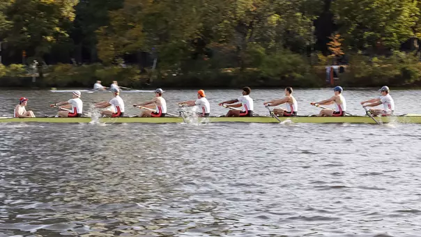 Photo of the BU Men's Rowing Championship 8 "B" crew competing at the Head of the Charles.