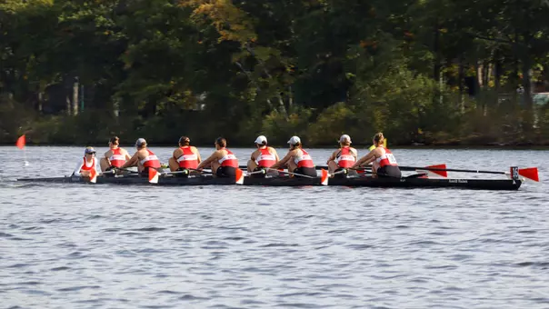 Photo of the BU Women's Rowing Championship 8 at the Head of the Charles.