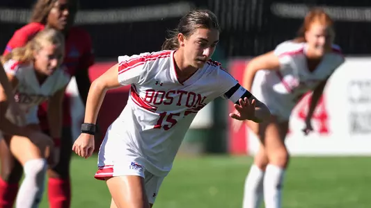 Photo of BU women's soccer senior Giulianna Gianino about to shoot a penalty kick at Nickerson Field.