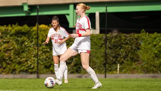 Photo of women's soccer freshman JJ Marzot dribbling the ball at Nickerson Field.