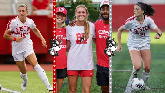 Photos, from left to right, of Giulianna Gianino, Amy Thompson, Megan Burke, Marcus Carrington and Helene Tyburczy of the women's soccer team.