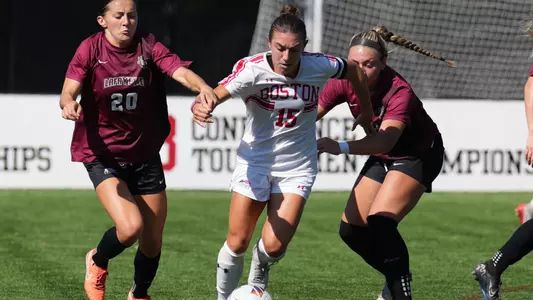 Photo of women's soccer senior Giulianna Gianino dribbling the ball at Nickerson Field.