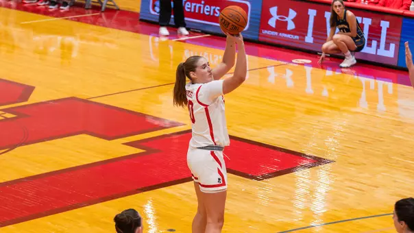 Photo of BU women's basketball senior Anete Adler shooting a jumper at Case Gym.