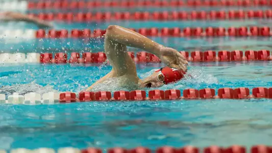 Photo of BU Men's Swimming racing at the FitRec Competition Pool
