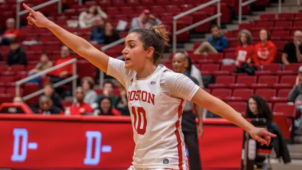 Photo of BU women's basketball sophomore Rose Azmoudeh calling out a play on defense.