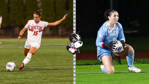 Action photos of Giulianna Gianino (left) and Bridget Carr (right) playing soccer at Nickerson Field.