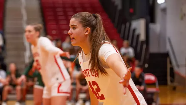 Photo of BU women's basketball sophomore Allison Schwertner playing defense.