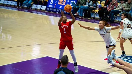 Photo of BU women's basketball sophomore Taylor Williams shooting a runner at UAlbany.