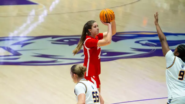 Photo of BU women's basketball sophomore Allison Schwertner shooting a jumper at UAlbany.