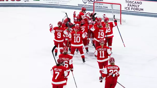 BU celebrates shootout win at UConn