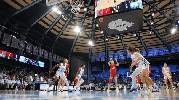 Photo of BU women's basketball sophomore Allison Schwertner shooting a free throw at UNC.