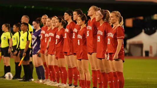 Photo of the BU Women's Soccer starting XI lined up at Texas in the NCAA Tournament.