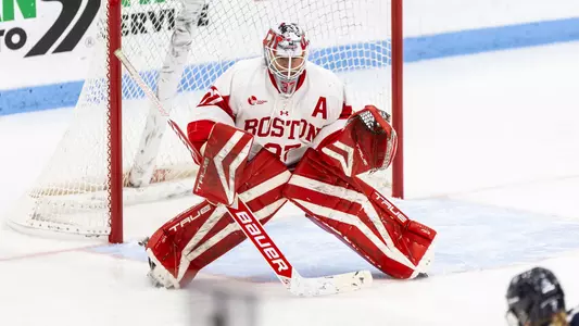 Callie Shanahan in the goal playing hockey