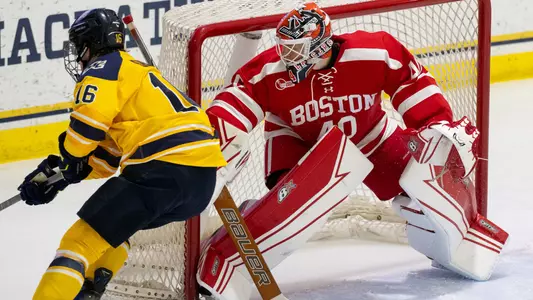 Mikhail Yegorov playing goalie at Merrimack