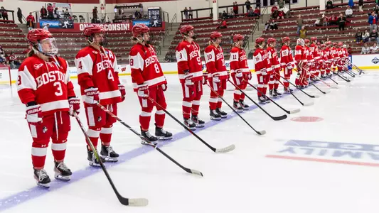 BU women's ice hockey team on the blue line at NCAA regionals 2025