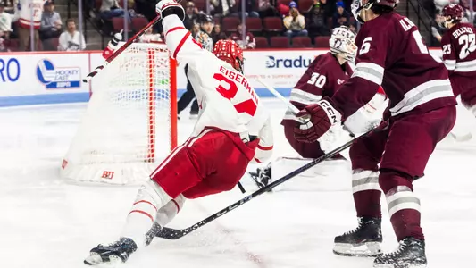 Cole Eiserman celebrates his OT goal against UMass in the 2025 Hockey East Quarterfinals
