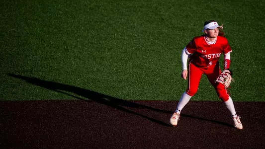 Brooke Deppiesse is in a defensive crouch at second base awaiting the next pitch