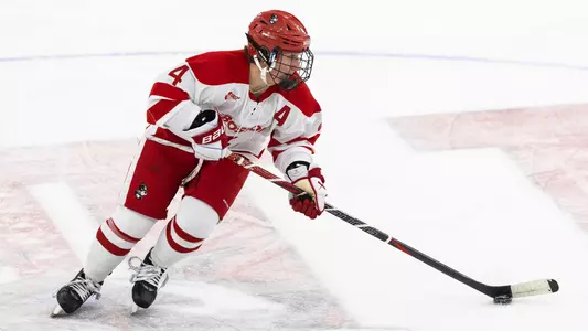Lindsay Bochna skates with the puck against BC in the 2025 Hockey East semifinal