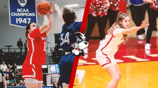 Photos of Alex Giannaros (left) and Allison Schwertner (right) playing basketball.