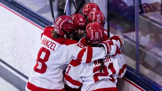 Women's hockey celebrates a goal at the Hockey East Championships