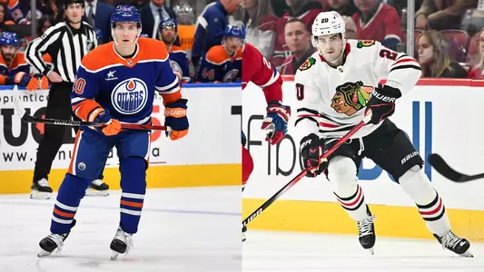 Photo of Quinn Hutson playing for Oilers next to photo of Ryan Greene playing for Blackhawks