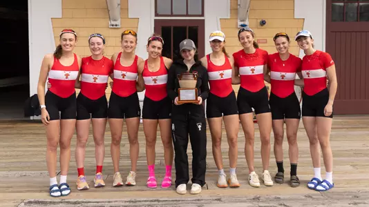 Photo of the BU Lightweight Rowing 8+ that won the 2025 Beanpot