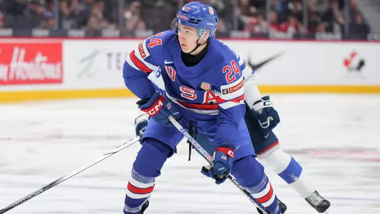 Cole Hutson skating for Team USA at 2025 World Junior Championship