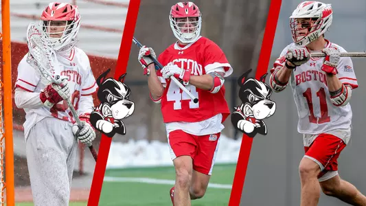 Photo of Will Barnes playing lacrosse next to a photo of Connor Kehm playing lacrosse next to a photo of Timothy Shannehan playing lacrosse