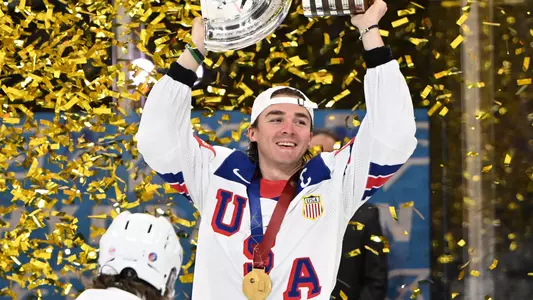 Clayton Keller Raises World Championship trophy for Team USA
