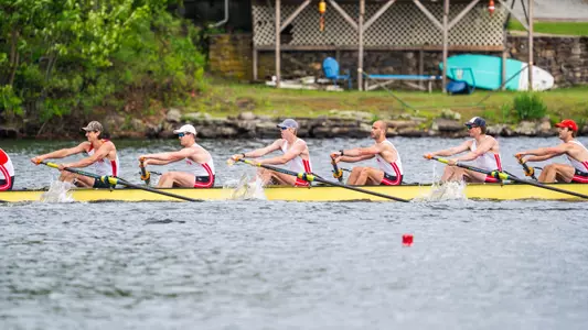 Photo of the BU Men's Rowing Second Varsity 8+ racing at the Eastern Sprints on May 18.