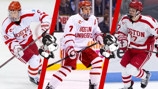 Photos of Jack Eichel, Charlie McAvoy and Brady Tkachuk playing hockey for Boston University