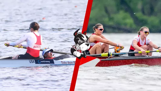 Two photos from BU women's rowing (left) and lightweight rowing (right) on the water.
