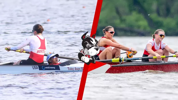 Two photos from BU women's rowing (left) and lightweight rowing (right) on the water.