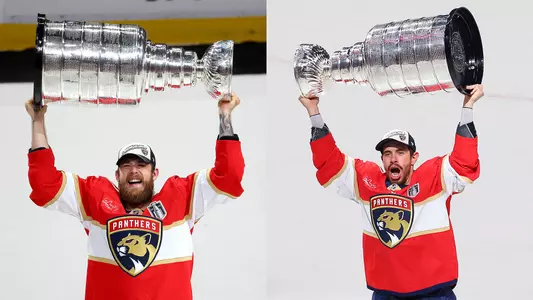 Photos of AJ Greer and Evan Rodrigues lifting the Stanley Cup with the Florida Panthers