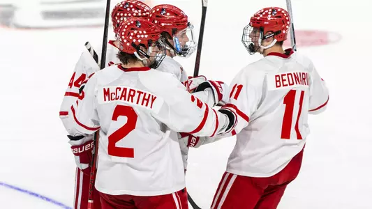 Men's ice hockey players celebrate a goal against Ohio State