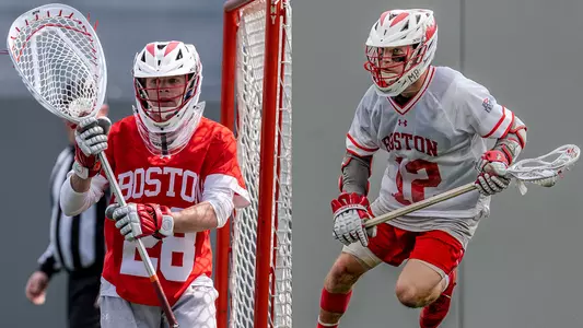 Photo of Will Barnes playing lacrosse next to a photo of Zach Travaglini playing lacrosse
