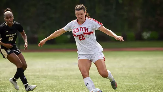 Photo of BU women's soccer senior Morgan Weaver playing against Bryant.