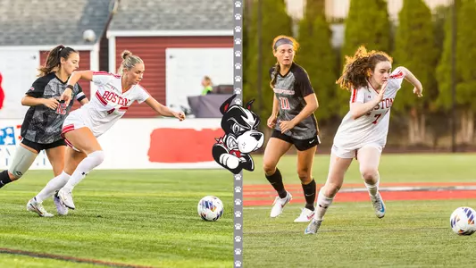Photo of BU Women's Soccer student-athletes Mackenzie Stickelman (left) and Georgia Prouty (right) playing soccer.
