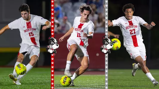 The Patriot League weekly awards graphic shows Aidan Kieffer, Lapo Romieri and Austin Mobray in three different slots dribbling the soccer against Brown
