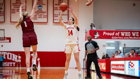 Photo of BU women's basketball junior Inés Monteagudo shooting a three-pointer at Case Gym.