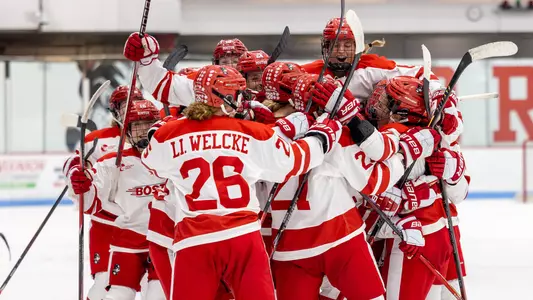 Women's hockey celebrates Maeve Carey's overtime goal in the 47th Beanpot semifinals