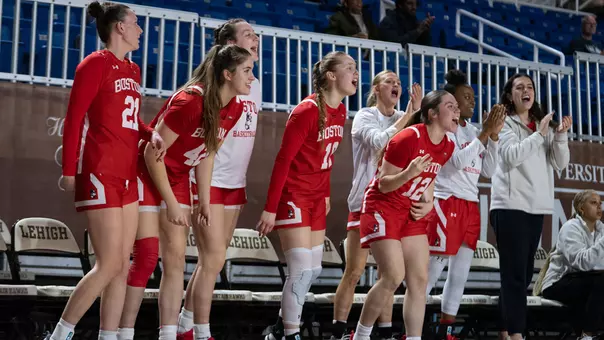 Photo of the BU women's basketball bench celebrating at Lehigh.