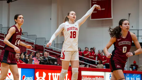 Photo of BU women's basketball sophomore Hildur Gunnsteinsdóttir shooting a three-pointer at Case Gym.