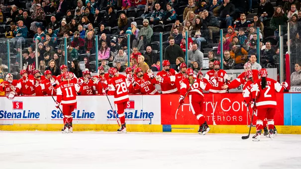 BU celebrates goal against Quinnipiac in Belfast