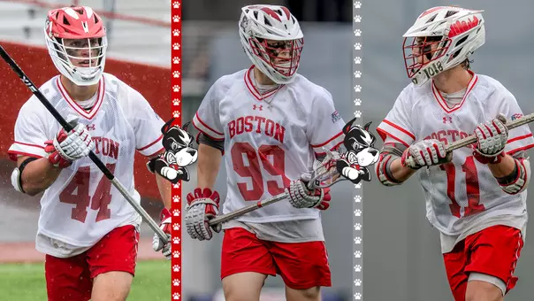 Action photos of Connor Kehm, Andrew Pape and Timothy Shannehan playing lacrosse