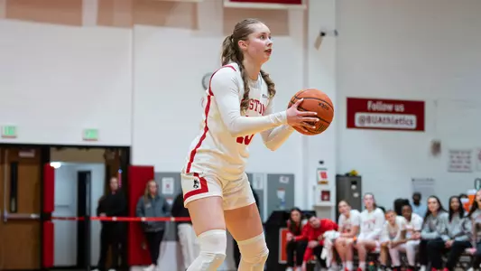 Photo of BU women's basketball sophomore Hildur Gunnsteinsdóttir shooting a three-pointer at Case Gym.